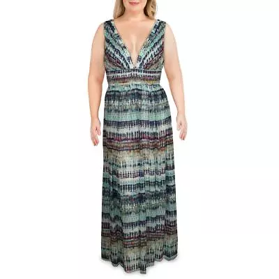 Aidan By Aidan Mattox Womens Blue Printed V-Neck Maxi Dress Gown 2  8324 • $22.99