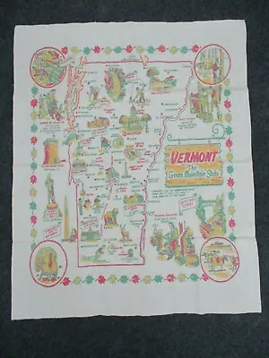Vintage Cactus Cloth Vermont Map Souvenir Tablecloth Green Mountain State 37x29 • $99.99