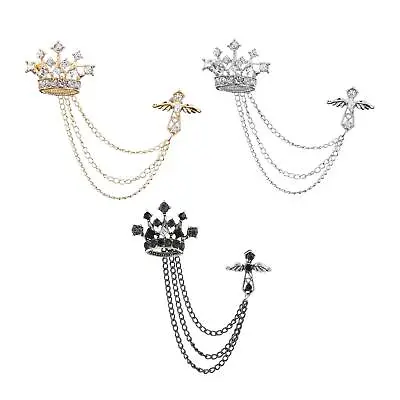 Men's Crown Brooch Hanging Chains Lapel Pin Jewelry For Shirts Tie Business Suit • £6.30