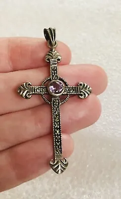 Vintage Purple Amethyst Marcasite Christian Cross Italy 925 SU Pendant • $19.95