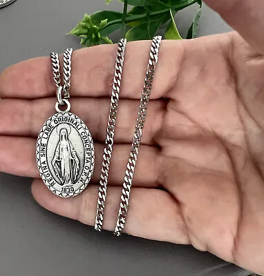 SILVER Large 1.25  Miraculous Medal Mary Pendant Necklace ITALY & 24  Curb Chain • $14.99