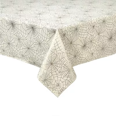 Halloween White Rectangle Tablecloth With Silver Metallic Spider Webs 58 X 84 • $18