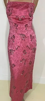 Womens Dress Vintage 60's Or 50's. Size 10/12Heavily Beaded By Hand Pink Satin. • £290