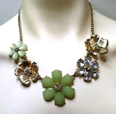 Vintage Floral Statement Necklace Flower Gold Green Rhinestone Chain • $15
