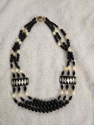 Vintage Black White Glass Bead Necklace Abalone Goldtone Multistranded • $6.99