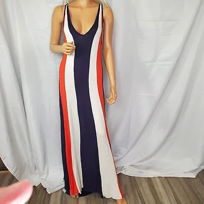 Venus Women's Colorblock Blue Orange White Maxi Summer Dress Braided Straps Lg • $25.59