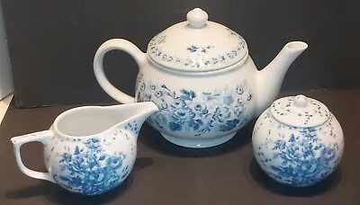 Laura Ashley Sophia Blue & White Floral Teapot With Lid Creamer Sugar • $45