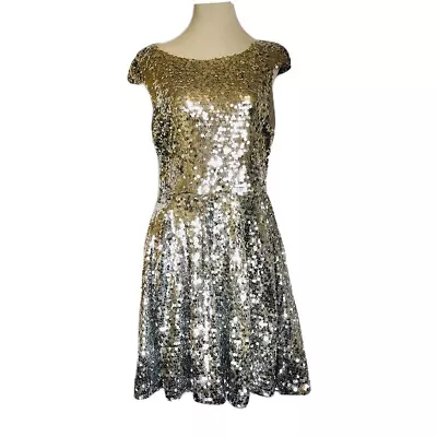 Trixxi Silver Sequined Skater Dress Swing Skirt Exposed Zipper Juniors Size 13 • $28.16