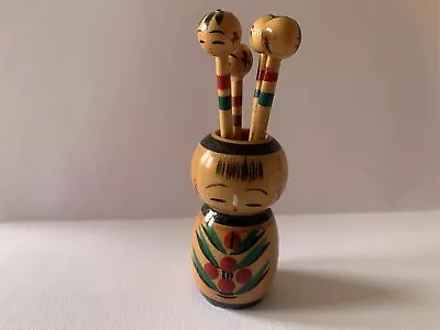 Vintage  Made In Japan Kokeshi Doll Wooden Toothpick Holder With 4 Picks • £11.99