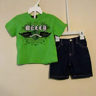 Mecca Boys Sz 12 Mo - 2-pc Green Tee Shirt/ Blue Jean Shorts Summer Nwt • $15