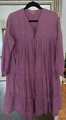 Vintage 70s India Oh Calcutta Cotton Dress Boho Hippy Embroidered Purple • $150