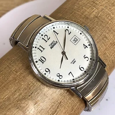 Vintage Timex Men Easy Reader Silver Tone Quartz Indiglo Analog Expandible Watch • $22.95