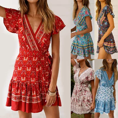 Women Boho Floral Mini Wrap Dress Ruffle Sleeve Ladies Beach Holiday Sundress • £11.29