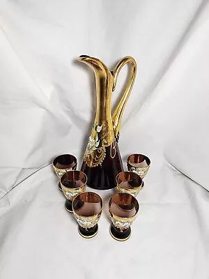 Vintage Bohemian Murano Style Brown & Gold Decanter And 6 Wine Glass Set • $89.99