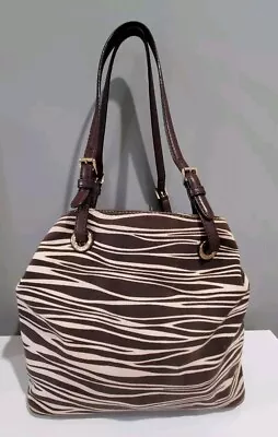 Michael Kors Zebra Stripe Tote Shoulder Beige Canvas Brown Leather Straps Bag • $29.99