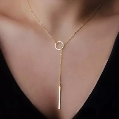 Gold Bar Pendant Trendy Chain Fashion Necklace Long Lariat Jewelry Gift Uk • £3.59