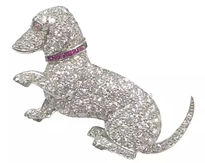 Art Deco 5.03CT Brilliant Cubic Zirconia & Ruby Women's Dachshund Dog Brooch • $260