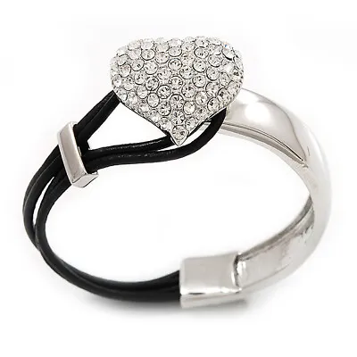 £21.75 • Buy Silver Tone Diamante 'Heart' Leather Cord Bracelet - 17cm Length