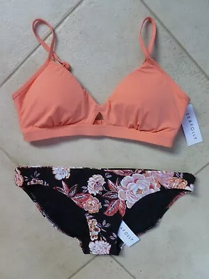 Seafolly Bikini Peach Active Hybrid Bralette 12 & Vida Blooms Black Hipster 12 • $57.77