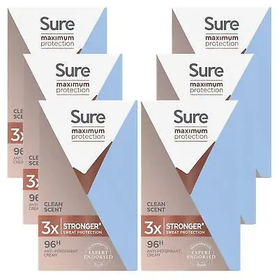 £24.99 • Buy Pack Of 6 Sure 96HRS Maximum Protection Anti-Perspirant Cream Clean Scent 45ml