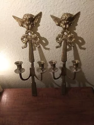 Pair Vintage Brass Cherub-Angel Wall Candle Scones. • $48.53