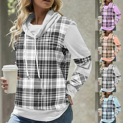 Women Plaid Check Hooded Shirt Sweatshirt Hoodies Pullover Tops Blouse Plus Size • £12.99