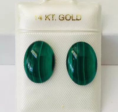 Solid 14K Yellow Gold Oval Natural Malachite Cabochon Stud Earrings NEW • $39.95