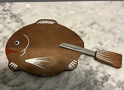 Vintage Wood Fish Cutting Board Tail Nautical SpreaderKnife MCM Charcuterie OOAK • $20