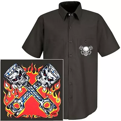 $44.95 • Buy V-twin Chopper Motorcycle Rider Skull Pistons And Rods Biker Mechanic Work Shirt