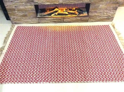 RED CHEVRON Handmade Recycled Cotton And Jute Washable ZIG ZAG KILIM RUGS 40%OFF • £29.99