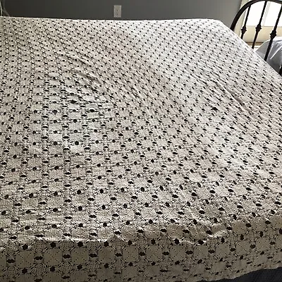 Vintage Handmade Crochet Beige Bedspread  Cover Blanket Coverlet 90” X 80” Old • $35.72