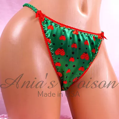 Green Satin Sissy Lace DUCHESS CUT Ladybug Shiny String Bikini Panties Sz  6-8 • $19.99