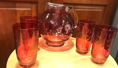 Vintage Cut Etched Flowers Cranberry Glass PITCHER 8 X10  & 5 Water Glasses 5.5  • $95