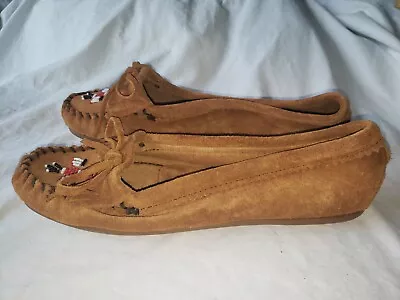 MINNETONKA THUNDERBIRD 602W BROWN BEADED Leather Moccasin MOC FLAT SHOE 9.5 • $40