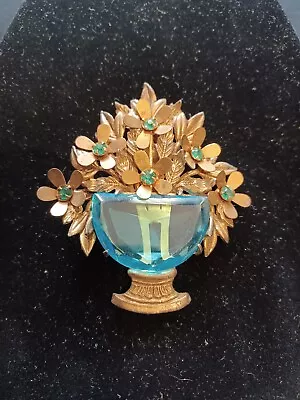Art Deco Vintage Floral Blue Rhinestone Open Back Glass Flower Basket Clip Pin • $86