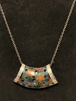 Vintage Cloisonné Bar Necklace Pendant Gold Tone Flowers Floral Enamel Jewelry • $24