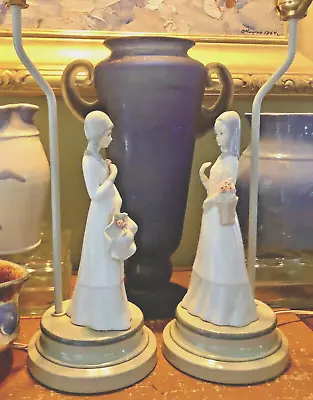 2 Figurine Lamps: Lladro Style; With Harp 25  H; French Country Pastel Colors • $135