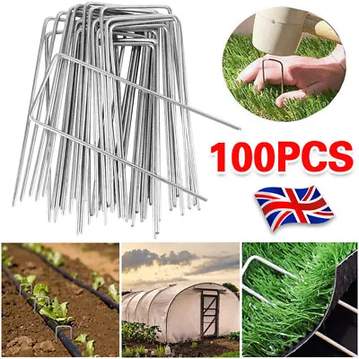 100x Galvanised U Pins Weed Control Fabric Pegs Garden Turf Securing Membrane HS • £9.86