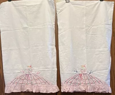 Vintage Set Of 2 Hand Embroidered Applique Southern Belle Standard Pillowcases • $12