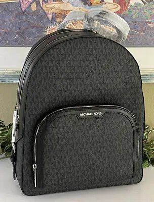 Michael Kors Jaycee Large Zip Pocket Backpack Bag Tote Mk Black Logo Silver • $129.99