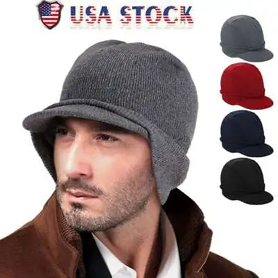 Mens Winter Fleece Lined Visor Hat With Earflaps Knitted Baseball Cap Newsboy • $8.09
