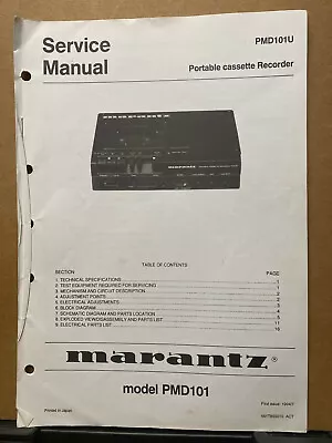 Original Service Manual For The Marantz PMD101 Cassette Tape Recorder • $13.98