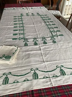 Vintage Hand Embroidered Cross Stitch Christmas  Tablecloth W/8 Napkins🎄🎄🎄 • $55