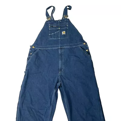Carhartt Mens 44x32 Denim Unlined Bib Overalls Work R08 Carpenter Jeans Farming • $39.99