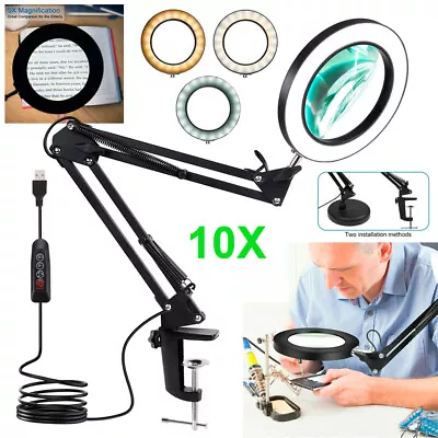 $29.80 • Buy 10X Magnifying Glass LED Light Magnifier Lighted Desk Table Reading Lamp + Clamp