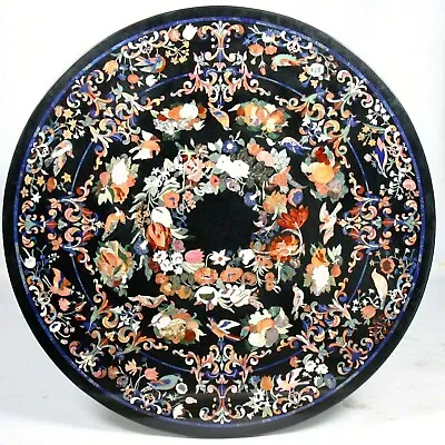 Inlaid With Antique Design Dining Table Round Shape Black Marble Patio Table Top • $6153.30