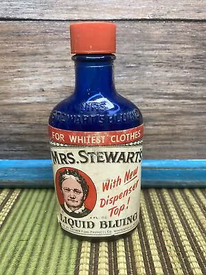 Vintage - Mrs. Stewart's Liquid Bluing - Embossed Glass Bottle 2/3 Filled - 1963 • $12.45