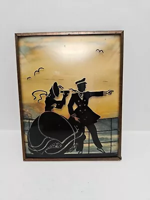 Vintage Convex Silhouette Reverse Paint Picture Man & Woman Sight Seeing 4 X 5 • $12.95