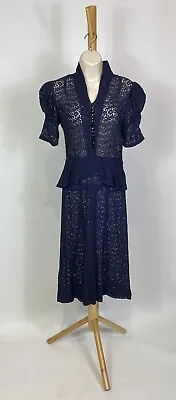 1940s Blue Sheer Lace Dress With Glass Button Beading • $148.99