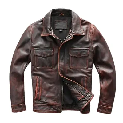 Mens Distressed Brown Biker Leather Jacket Vintage Slim Fit Motorcycle • $116.36